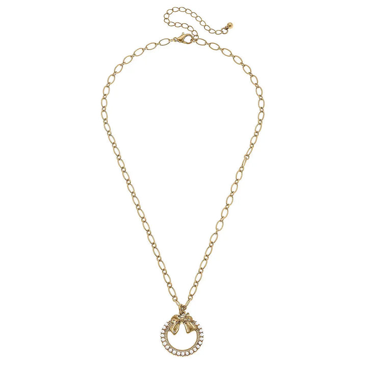 Rowen Pearl Bow Wreath Pendant Necklace in Worn Gold