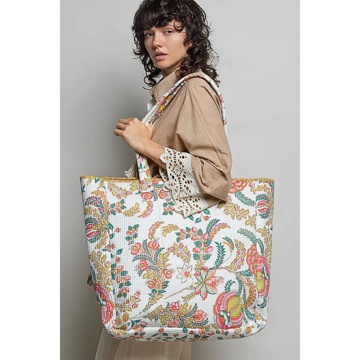 Quilted Woven Jumbo Tote Bag - Coral Floral by POL