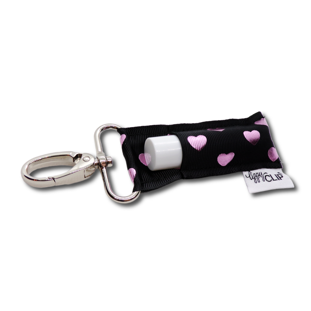 Pink Hearts on Black LippyClip® Lip Balm Holder (PREORDER: Ships in 2-3 Weeks)