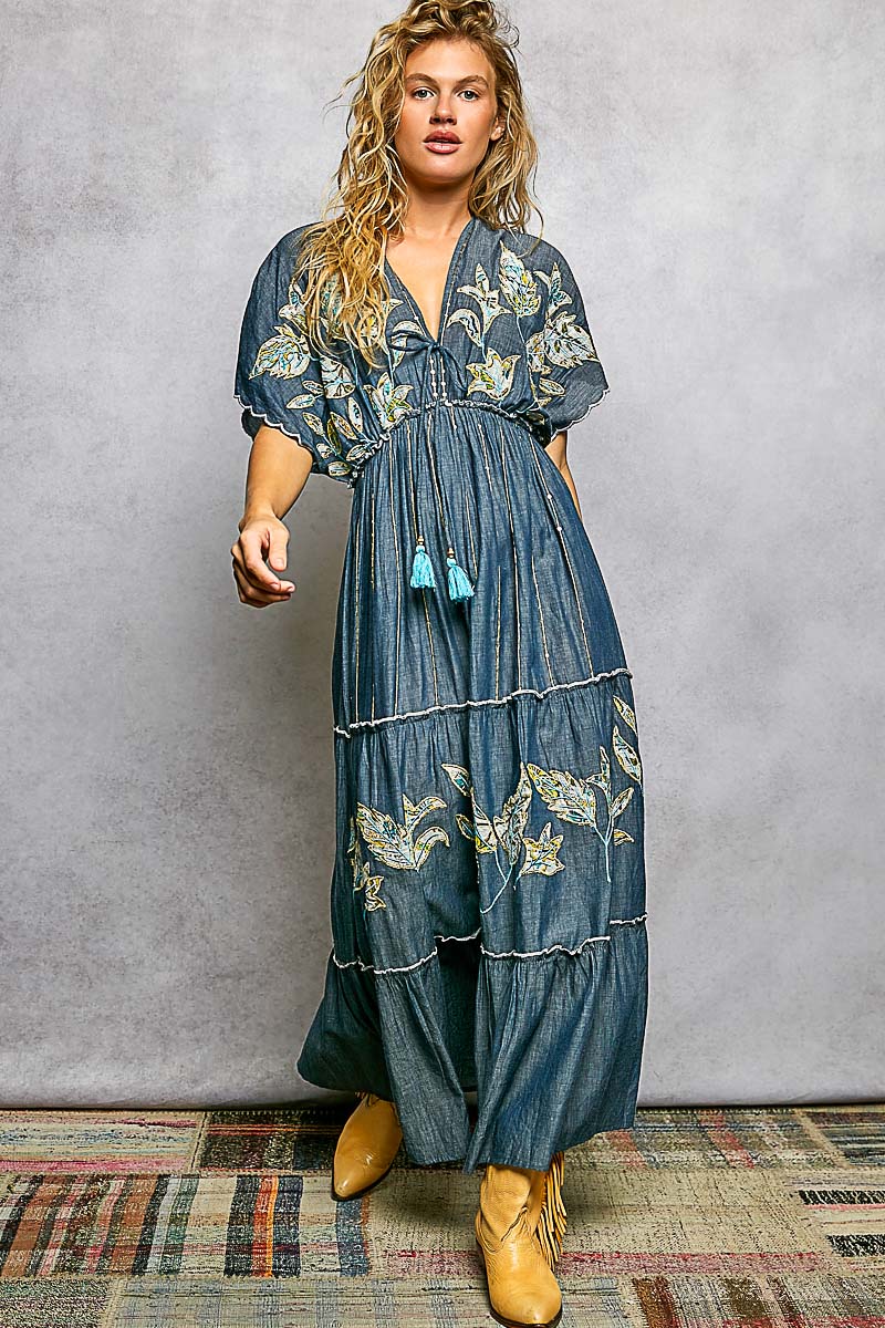 Embroidered Neck Loop Deep V-Neck Maxi Dress - Deep Denim by POL