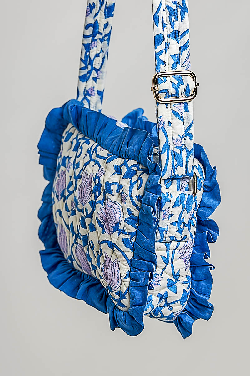 APRIL ARRAY: Blue Floral Ruffle Crossbody Bag by POL (Ships Late June)
