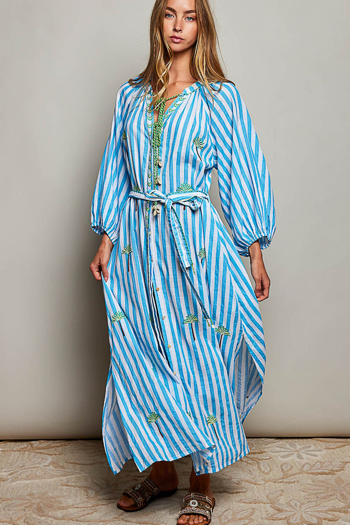 Palm Tree Embroidery Lightweight Striped Maxi Dress - Blue by POL