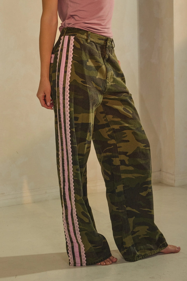 Washed Camo Printed Pants with Pink Lace by Oddi