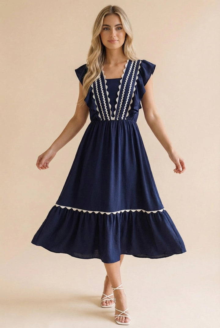 Ric Rac Ruffle Short Sleeve Midi Dress - Navy