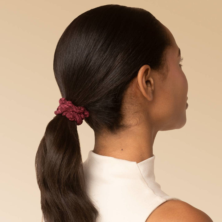 Ruched Lace Scrunchies 5pc Set - Cherry Lacquer & Dusty Pink