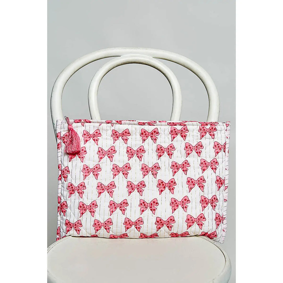 Diamond Quilted Tassel Pouch - Pink Bows by POL