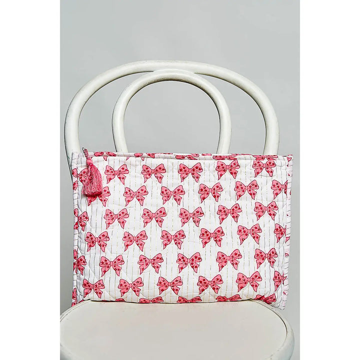 Diamond Quilted Tassel Pouch - Pink Bows by POL