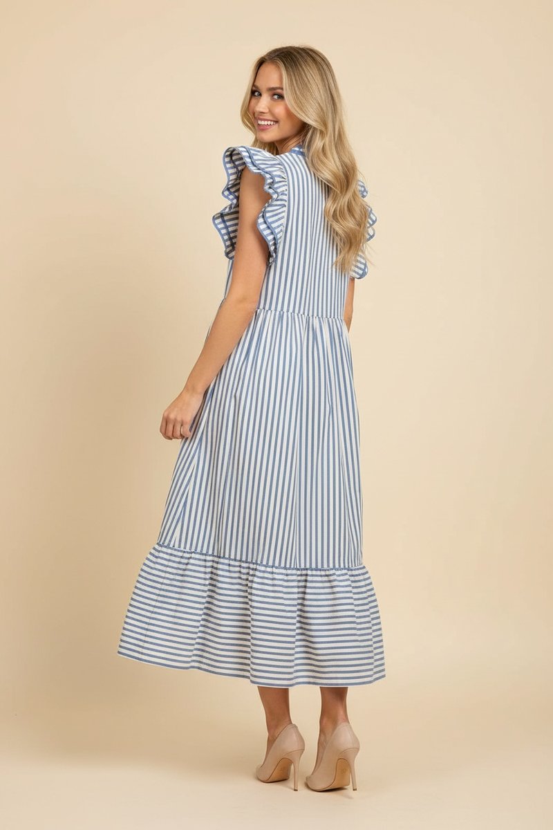 Split Neckline Flutter Sleeve Tiered Dress - Chambray Stripe by HeimishUSA