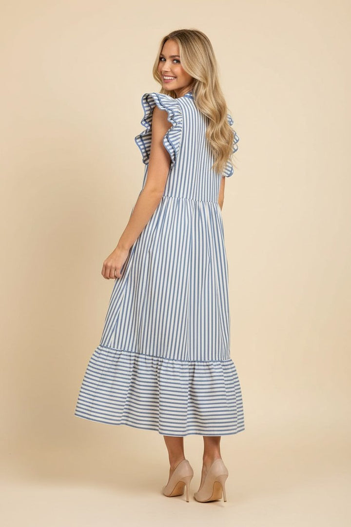 Split Neckline Flutter Sleeve Tiered Dress - Chambray Stripe by HeimishUSA