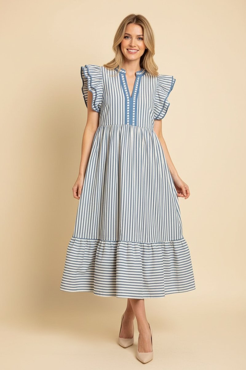 Split Neckline Flutter Sleeve Tiered Dress - Chambray Stripe by HeimishUSA