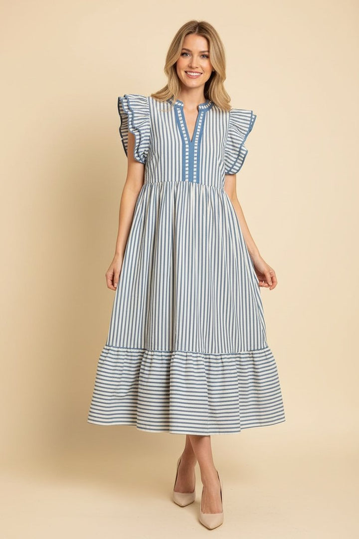 Split Neckline Flutter Sleeve Tiered Dress - Chambray Stripe by HeimishUSA