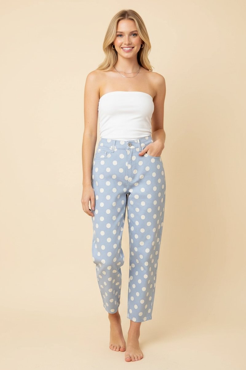 Straight Leg Polka Dot Pants - Chambray &amp; White by HeimishUSA