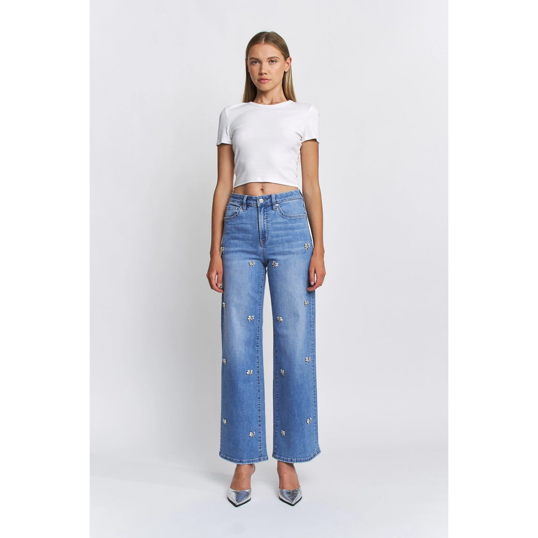 Bluish High Rise Wide Leg Bow-Embellished Denim Pants By Mica Denim