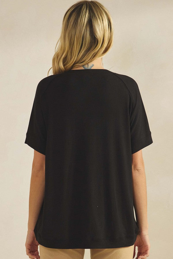 Everyday Soft Ribbed Loose Fit Short Sleeve Top - Black by Yelete