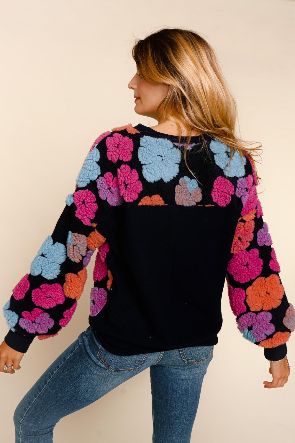 Puffy Flower Sweater - Fuchsia & Blue