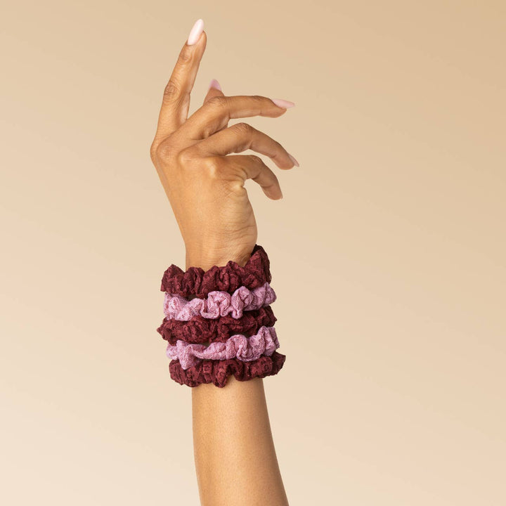 Ruched Lace Scrunchies 5pc Set - Cherry Lacquer & Dusty Pink