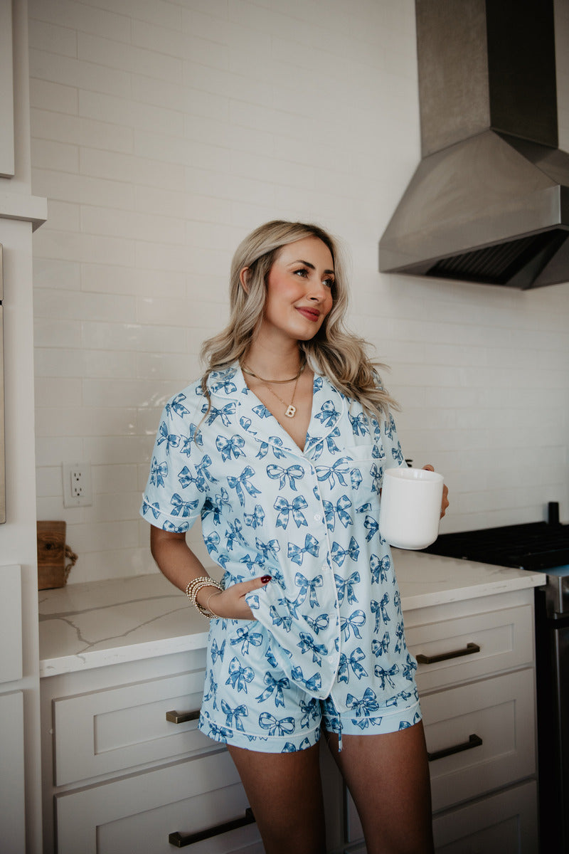 Light Blue Toile Coquette Bows Lounge PJ Set By Katydid