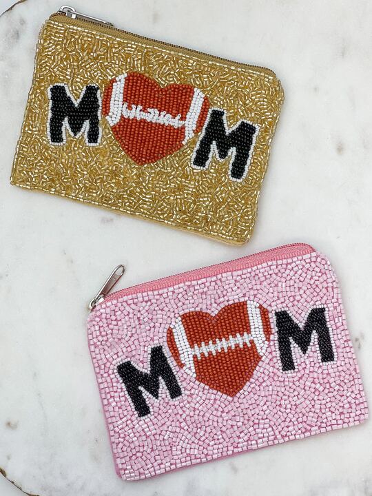 Football Heart 'Mom' Beaded Zip Pouch - Pink