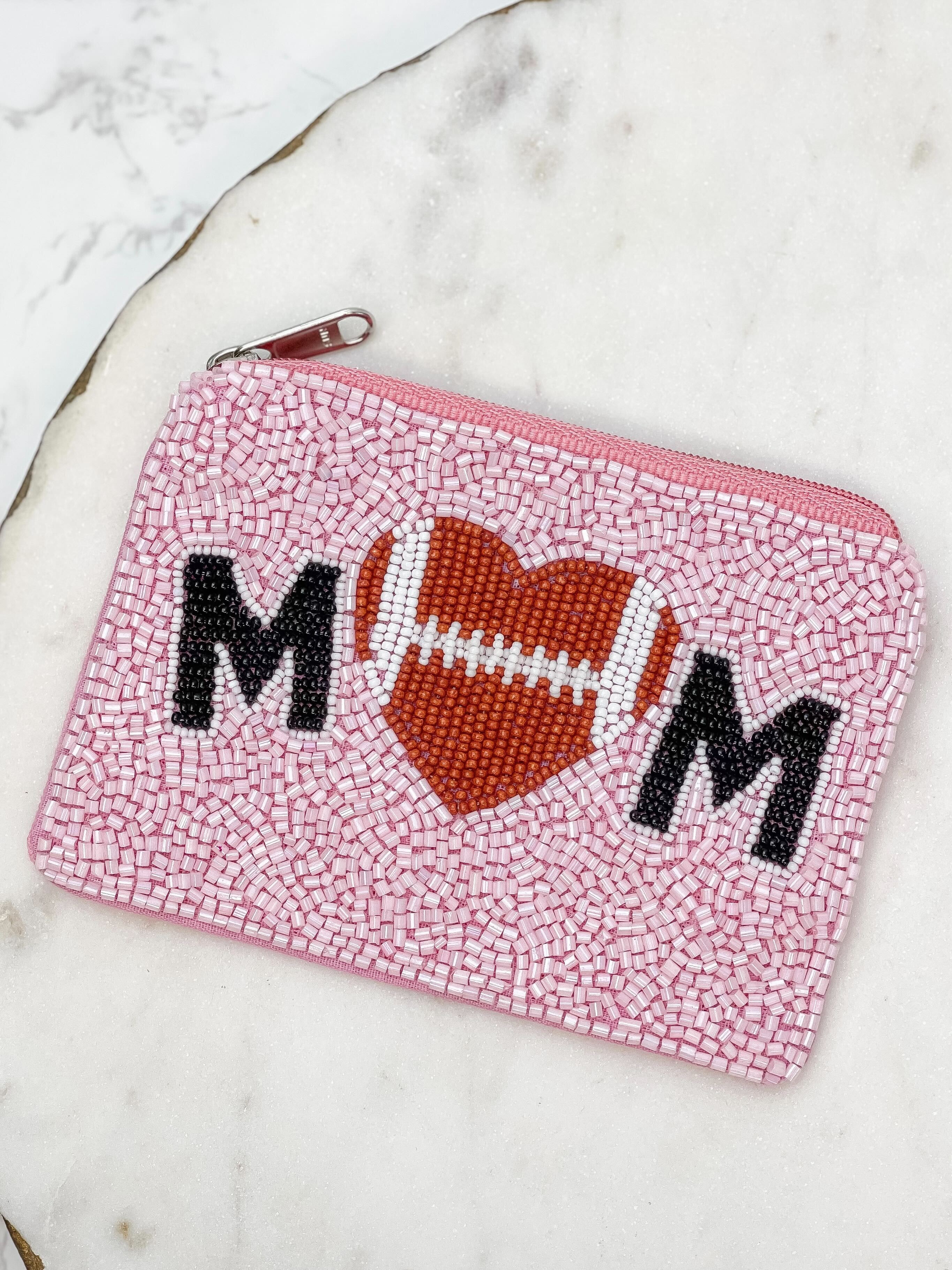 Football Heart 'Mom' Beaded Zip Pouch - Pink
