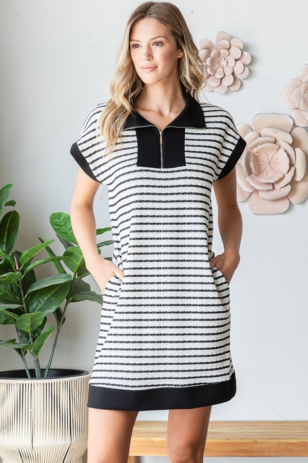 Striped Zip Neck Dress - Cream & Black by HeimishUSA
