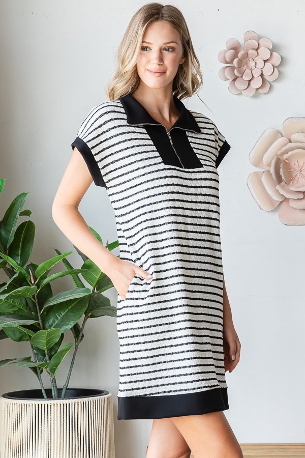 Striped Zip Neck Dress - Cream & Black by HeimishUSA