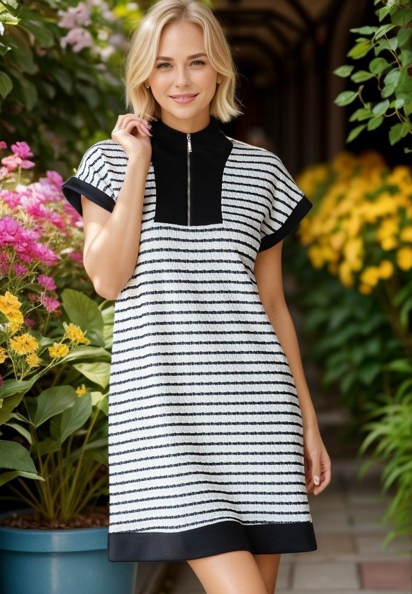 Striped Zip Neck Dress - Cream & Black by HeimishUSA