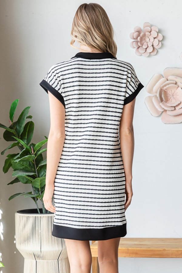 Striped Zip Neck Dress - Cream & Black by HeimishUSA