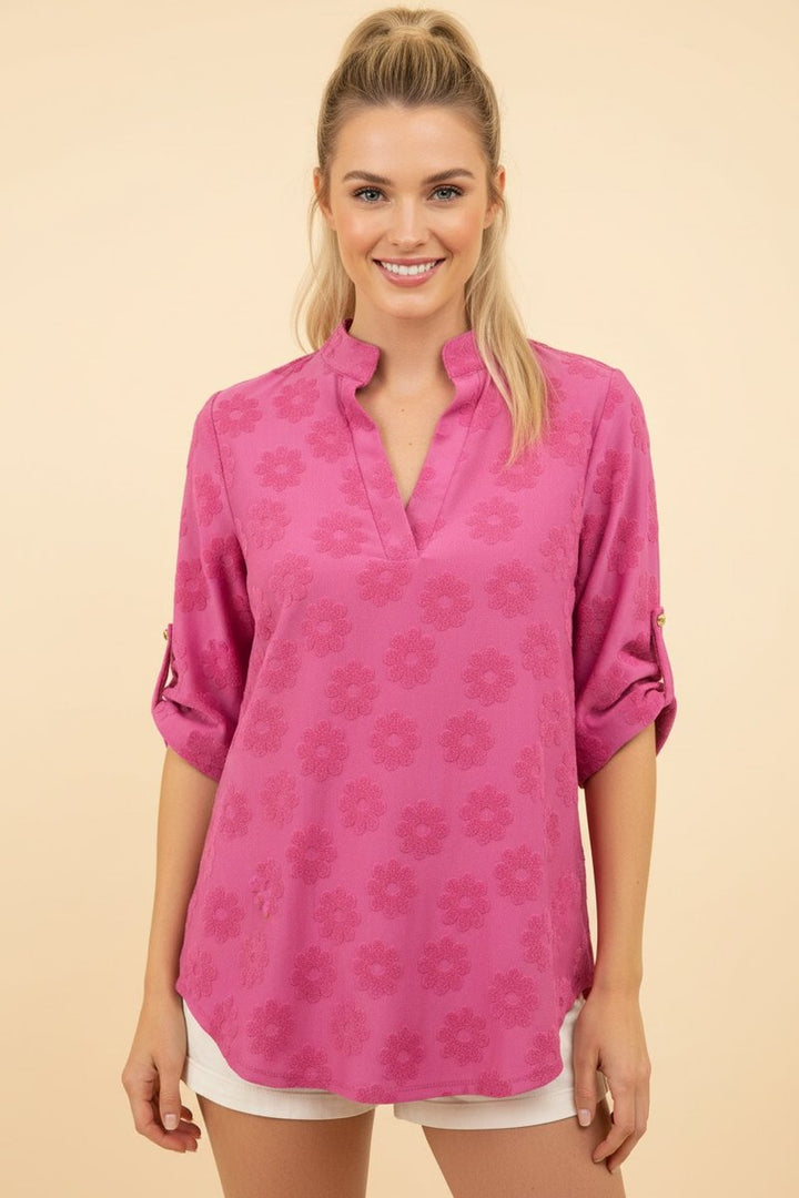 Cuff Sleeve V-Neck Top - Fuchsia by HeimishUSA
