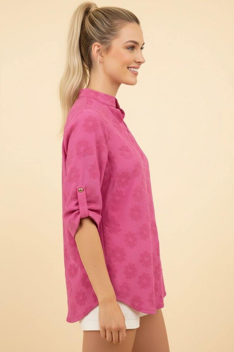 Cuff Sleeve V-Neck Top - Fuchsia by HeimishUSA
