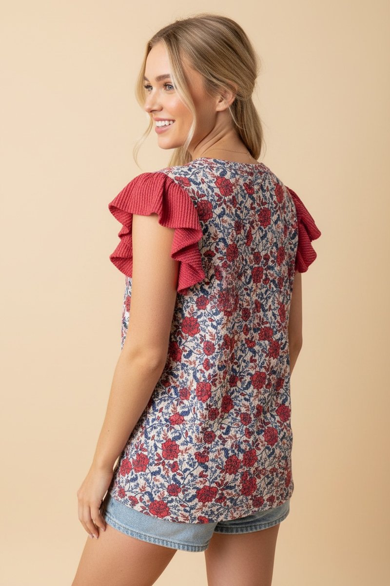 Floral Ruffle Sleeve Top - Oat & Red by HeimishUSA