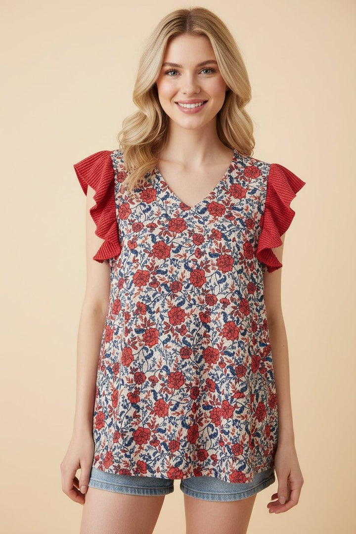 Floral Ruffle Sleeve Top - Oat & Red by HeimishUSA