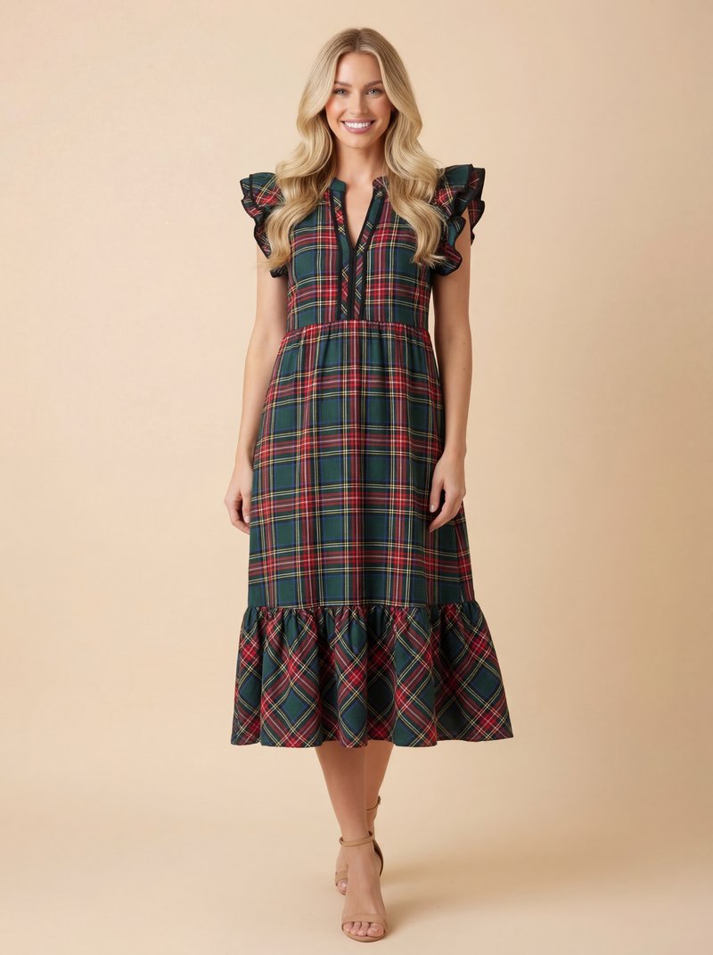 Tartan Flutter Sleeve Midi Dress - Green by HeimishUSA
