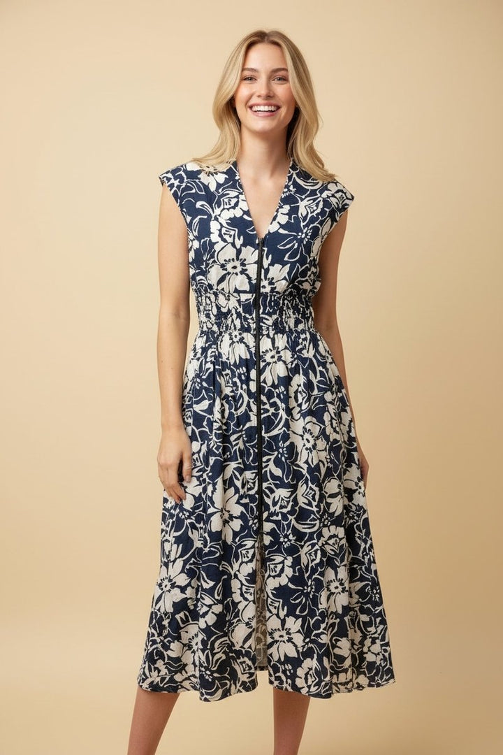Botanical V-Neck Midi Dress - Navy by HeimishUSA