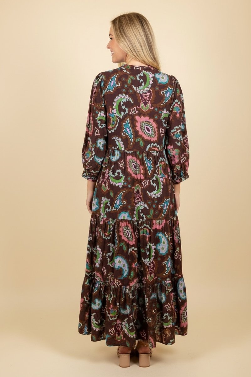Bohemian Long Sleeve Tassel Tie Maxi Dress - Brown by HeimishUSA