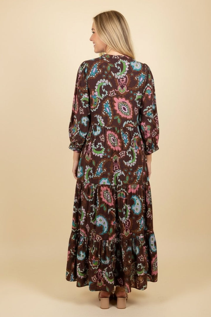 Bohemian Long Sleeve Tassel Tie Maxi Dress - Brown by HeimishUSA