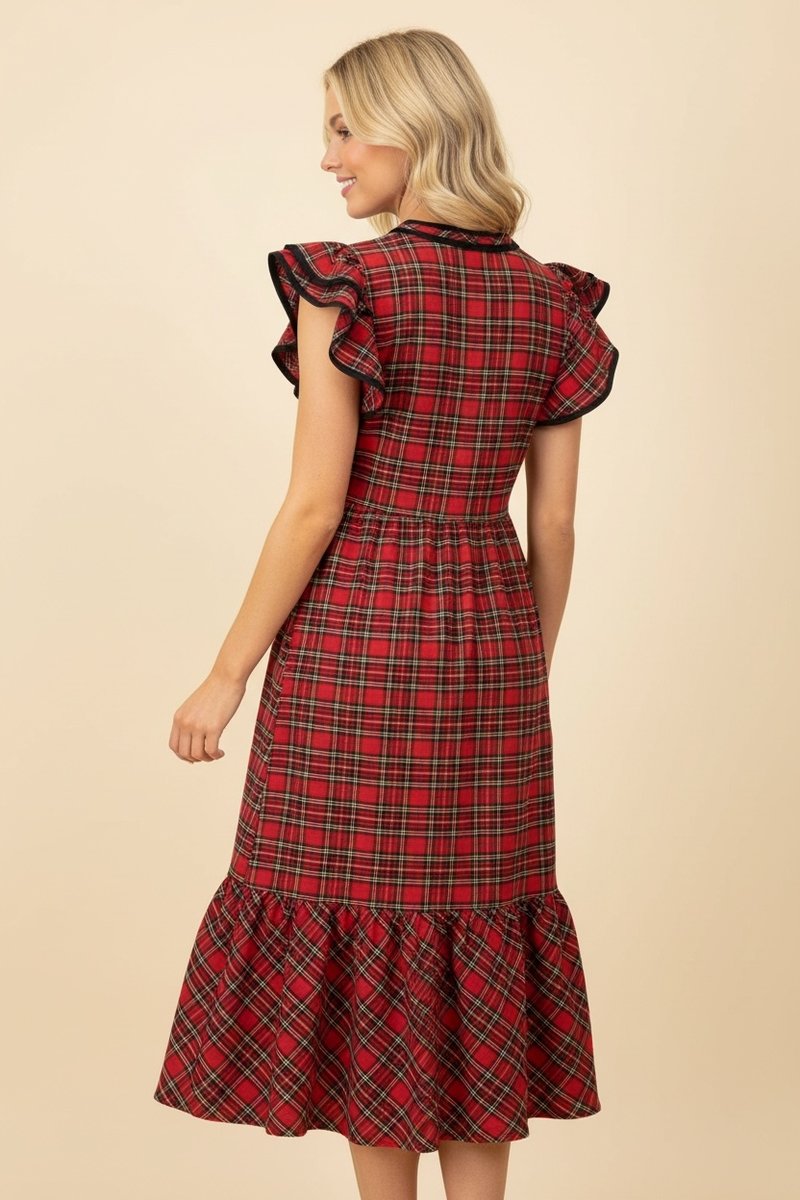 Tartan Flutter Sleeve Midi Dress - Red by HeimishUSA
