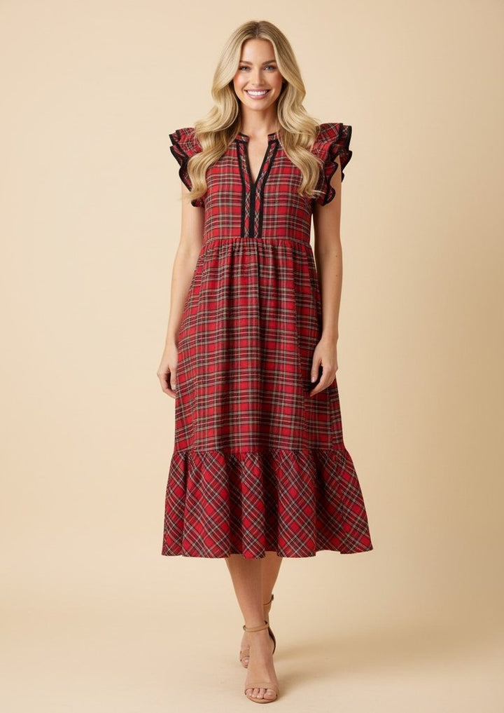 Tartan Flutter Sleeve Midi Dress - Red by HeimishUSA