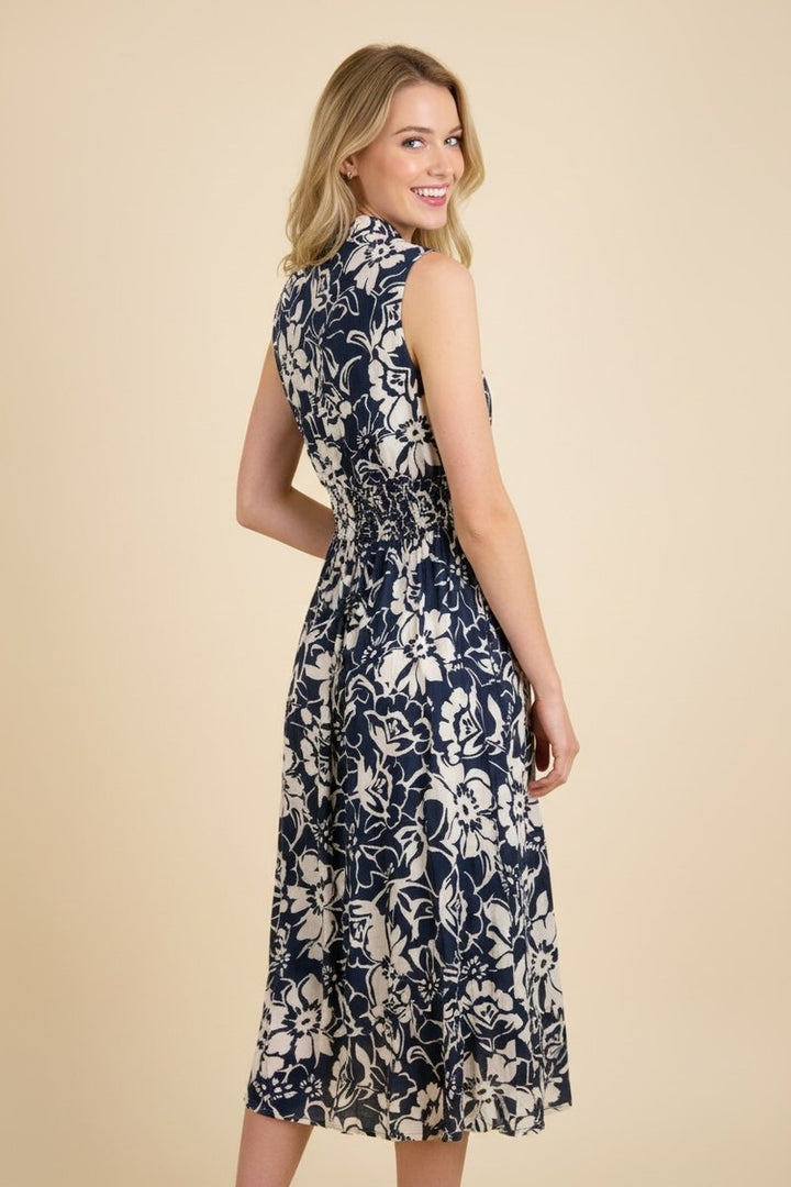 Botanical V-Neck Midi Dress - Navy by HeimishUSA