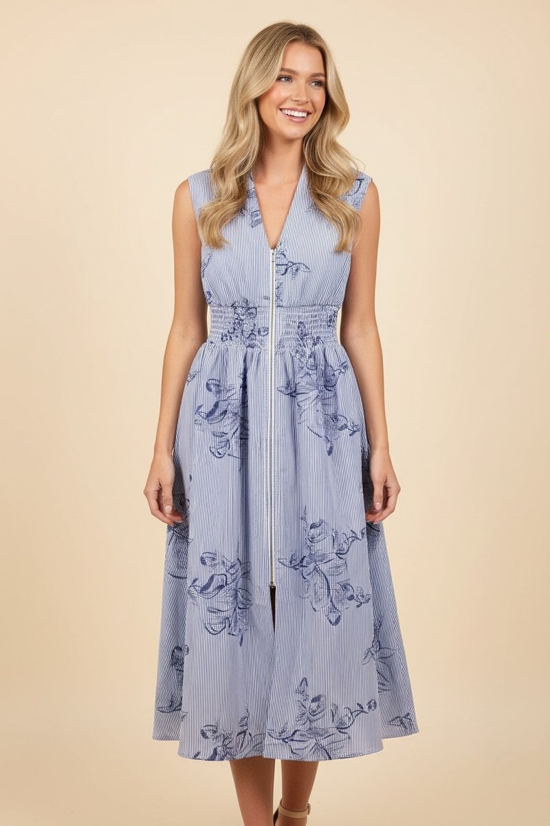 Sleeveless Pinstripe Midi Dress - Chambray by HeimishUSA