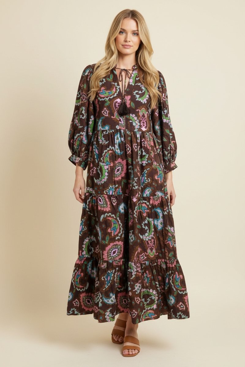 Bohemian Long Sleeve Tassel Tie Maxi Dress - Brown by HeimishUSA