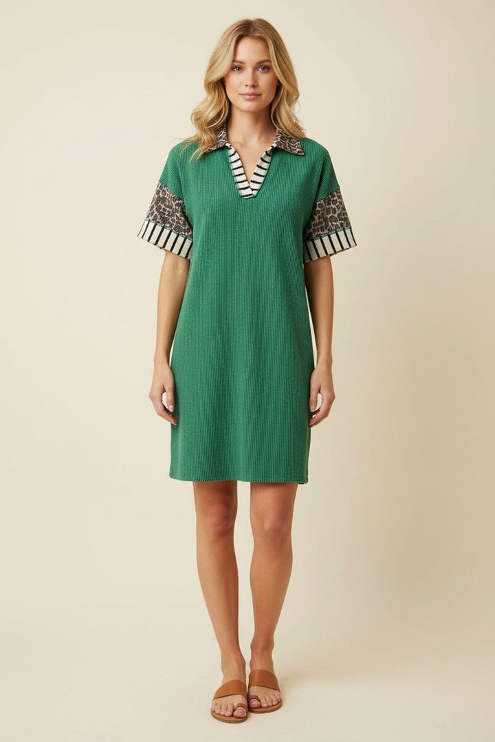 V-Neck Cheetah & Stripe Collared Dress - Green by HeimishUSA