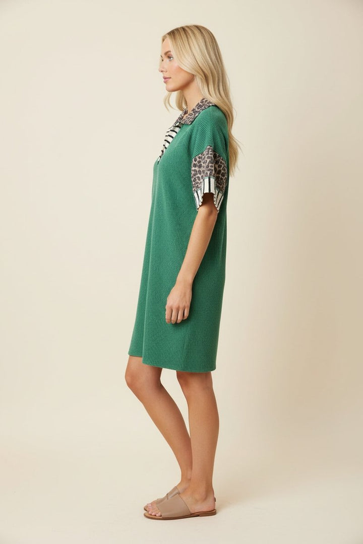 V-Neck Cheetah & Stripe Collared Dress - Green by HeimishUSA