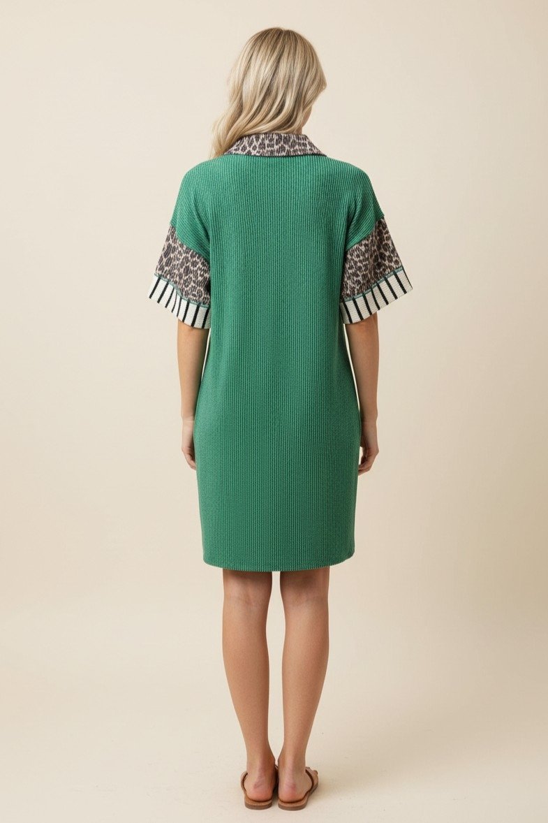 V-Neck Cheetah & Stripe Collared Dress - Green by HeimishUSA