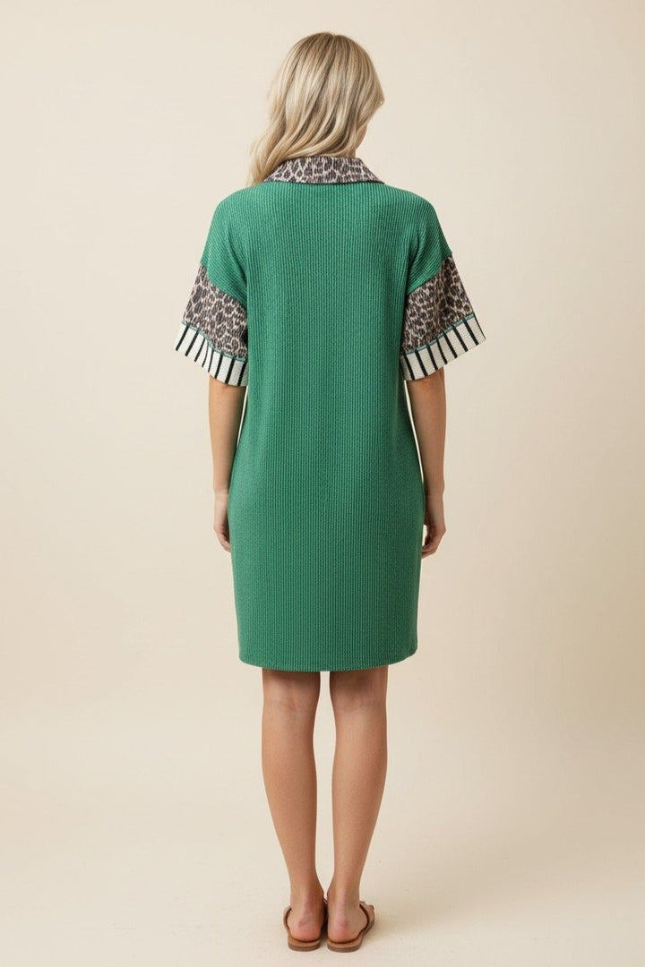 V-Neck Cheetah & Stripe Collared Dress - Green by HeimishUSA