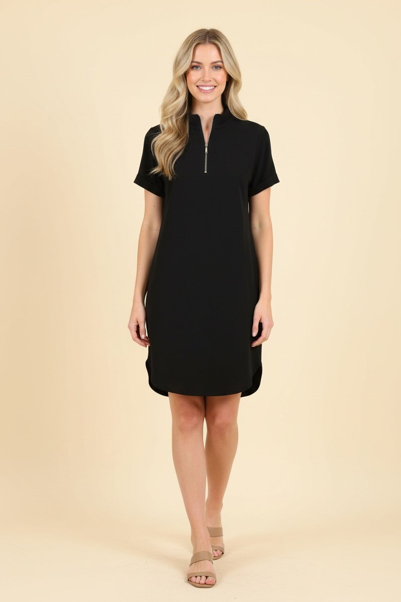 Zip V-Neck Dress - Black by HeimishUSA