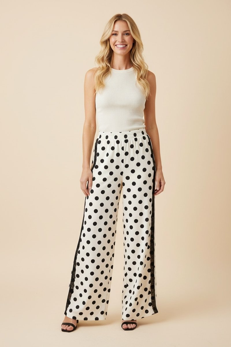 High Waist Wide Leg Polka Dot Pants - Ivory by HeimishUSA