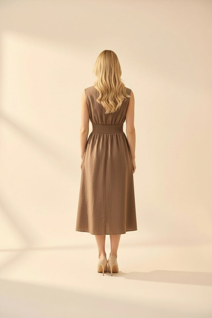Sleeveless Solid Midi Dress - Mocha by HeimishUSA