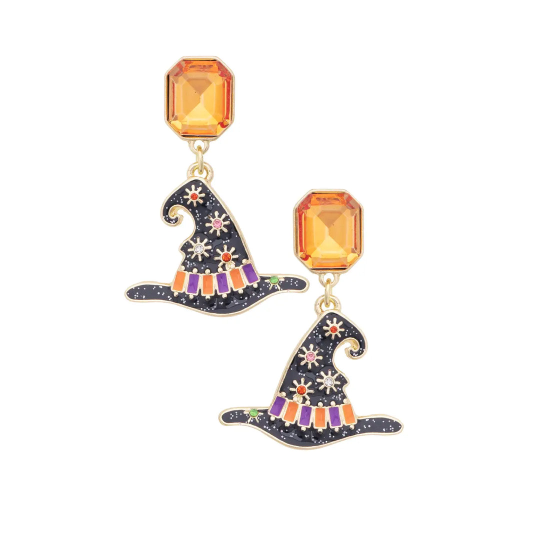 JUNE PREORDER: Rhinestone Witch Hat Enamel Drop Earrings in Orange by Canvas (Ships in September)