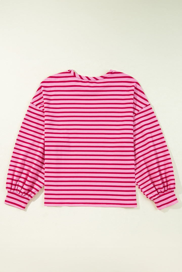 Katie Striped Crew Neck French Terry Top - Pink