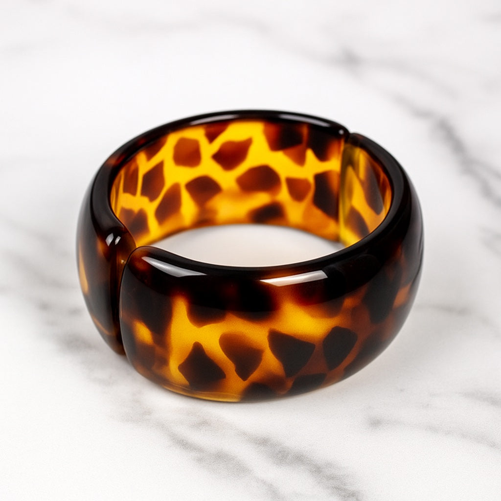 Tortoise Spotted with Gold Lining – Vintage Lucite Clamper Bracelet by Leetie Lovendale (Preorder: Ships in 2-3 Weeks)